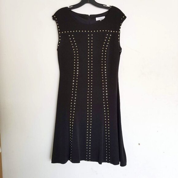 Calvin Klein Black A-Line Silver Studded Shift Cap Sleeve Knee Length Dress Sm - Picture 7 of 14